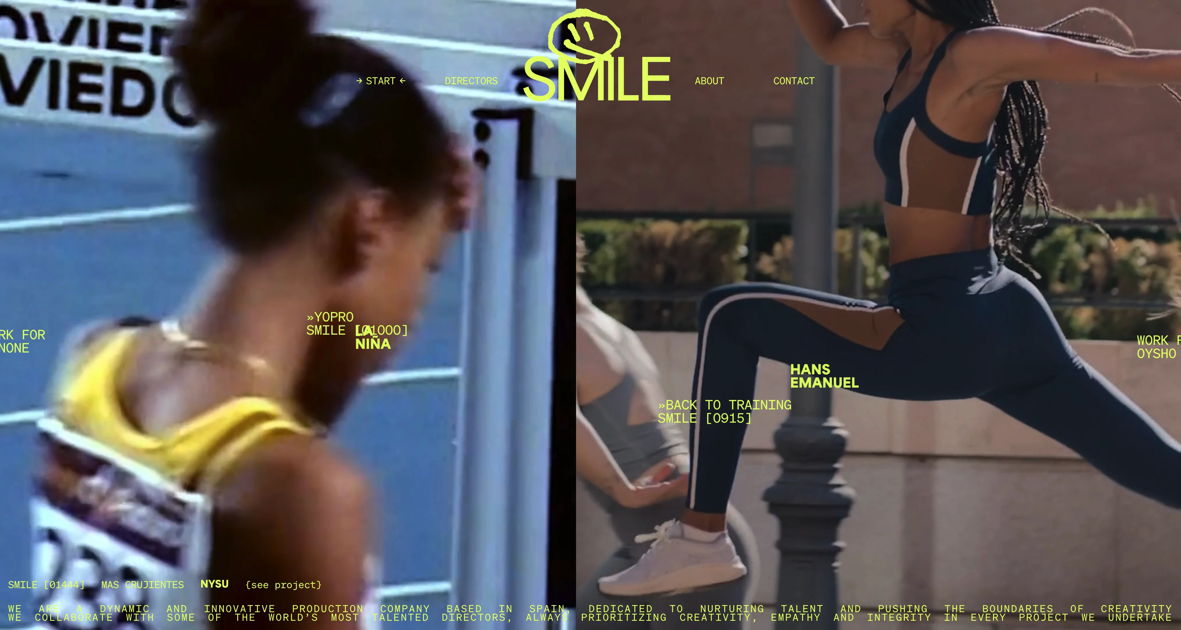 Full page screenshot of the The Smile website. We are a dynamic and innovative production company based in Spain, dedicated to …