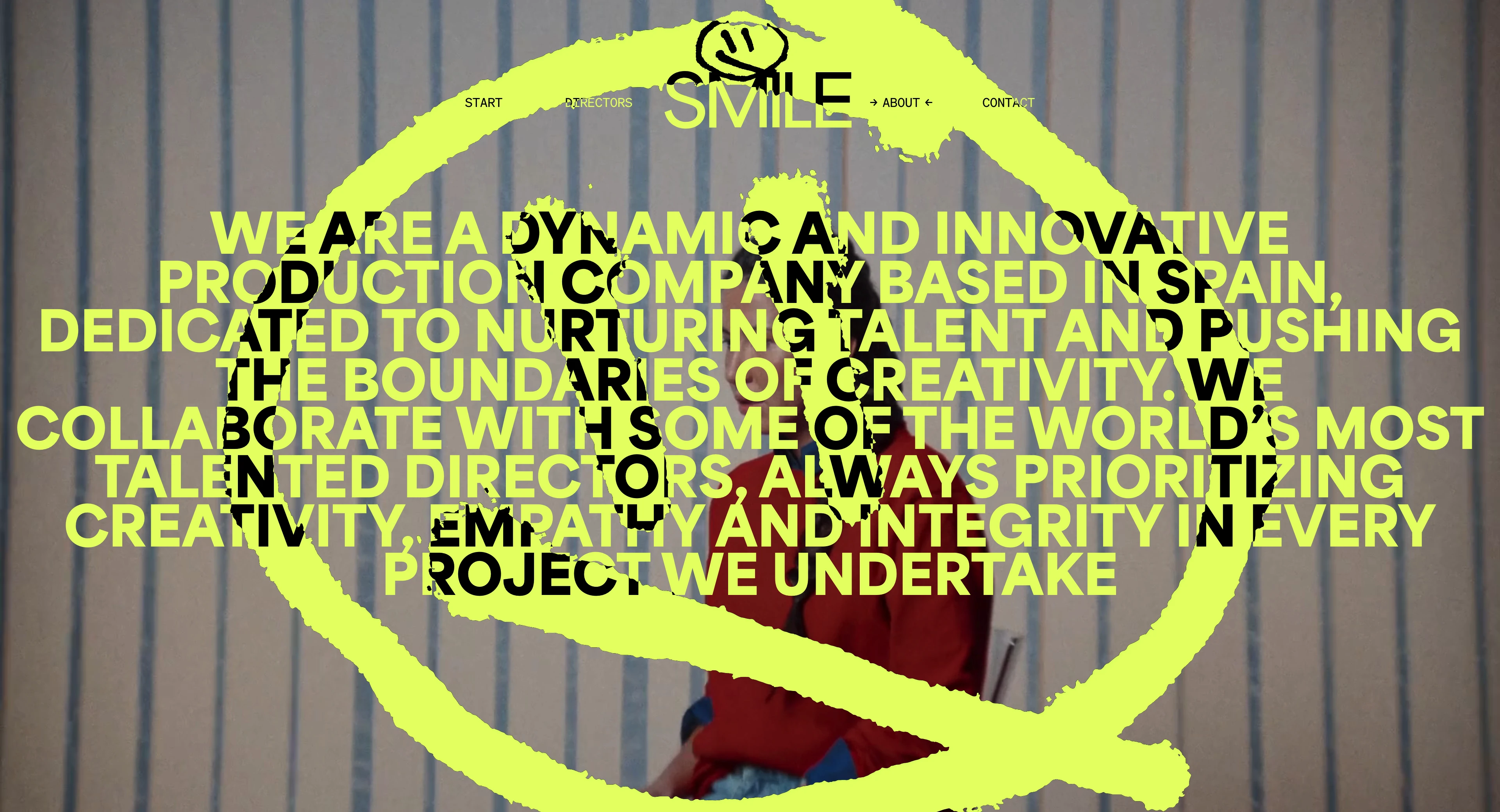 Full page screenshot of the The Smile website. We are a dynamic and innovative production company based in Spain, dedicated to …