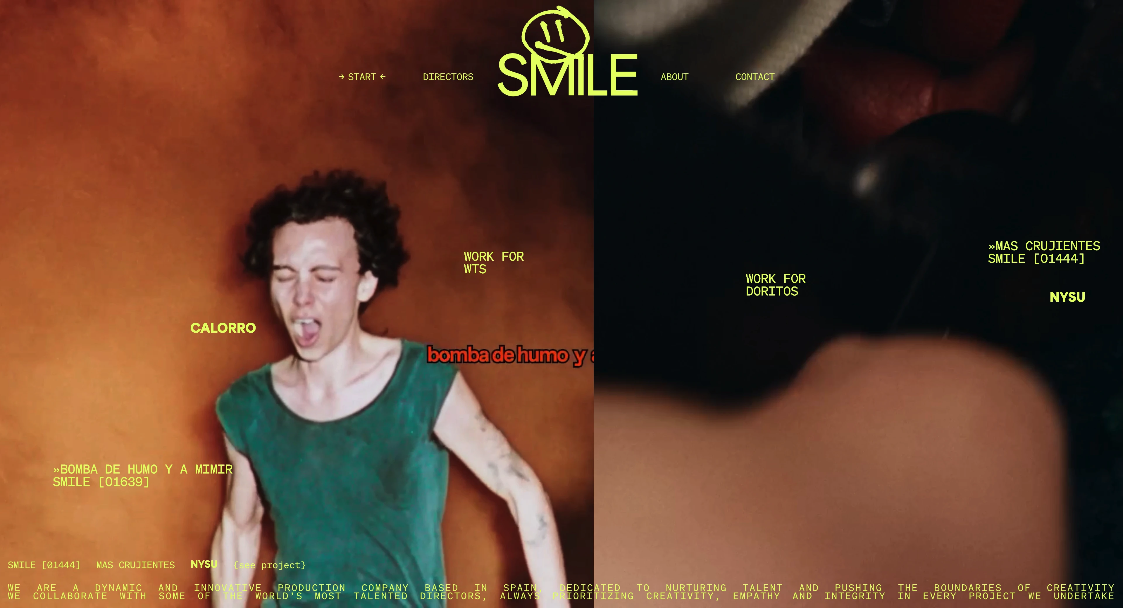 Full page screenshot of the The Smile website. We are a dynamic and innovative production company based in Spain, dedicated to …