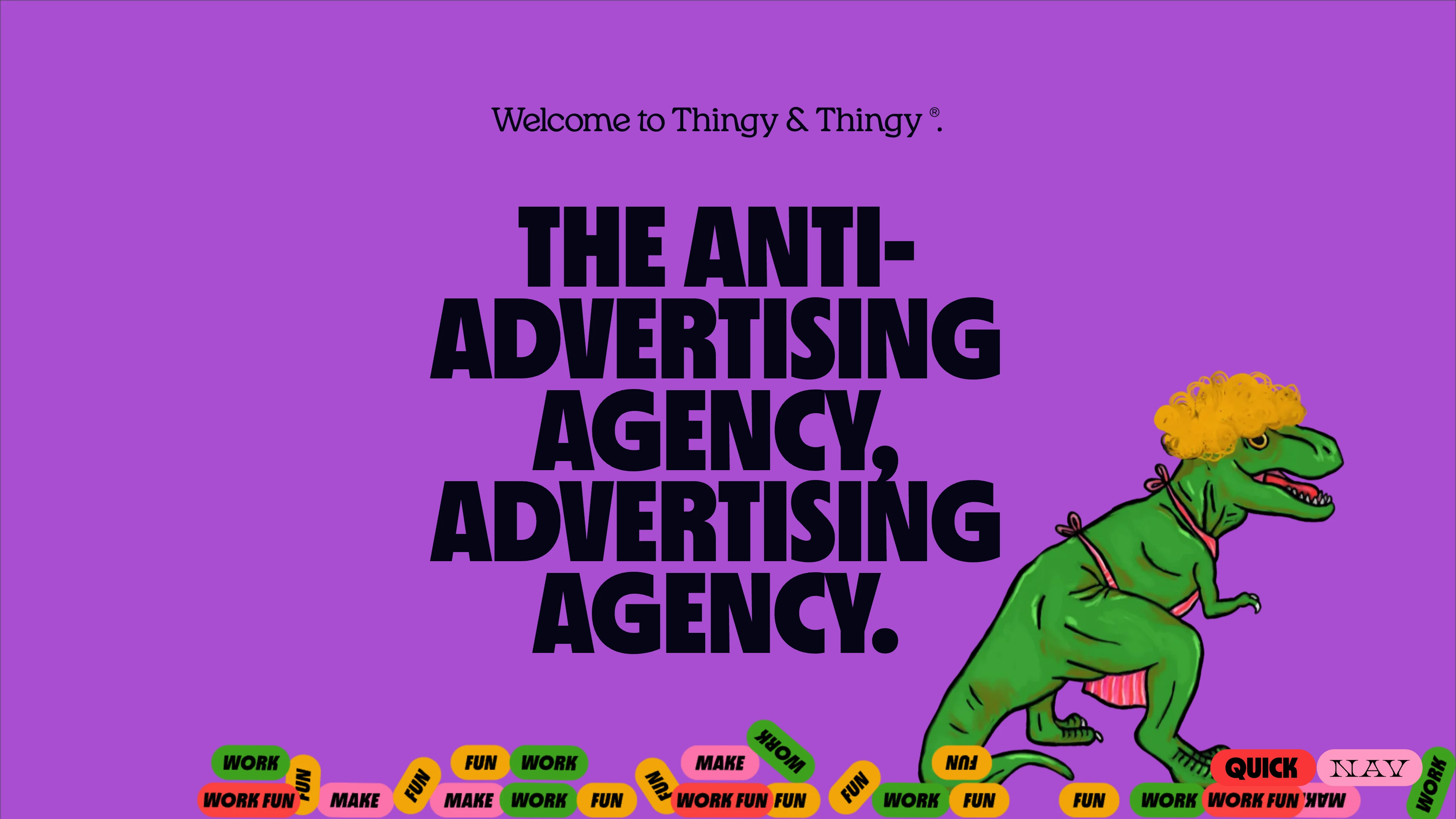 Full page screenshot of the Thingy & Thingy website. Our mission. Make work fun. Make fun work. We help brands figure out who they …