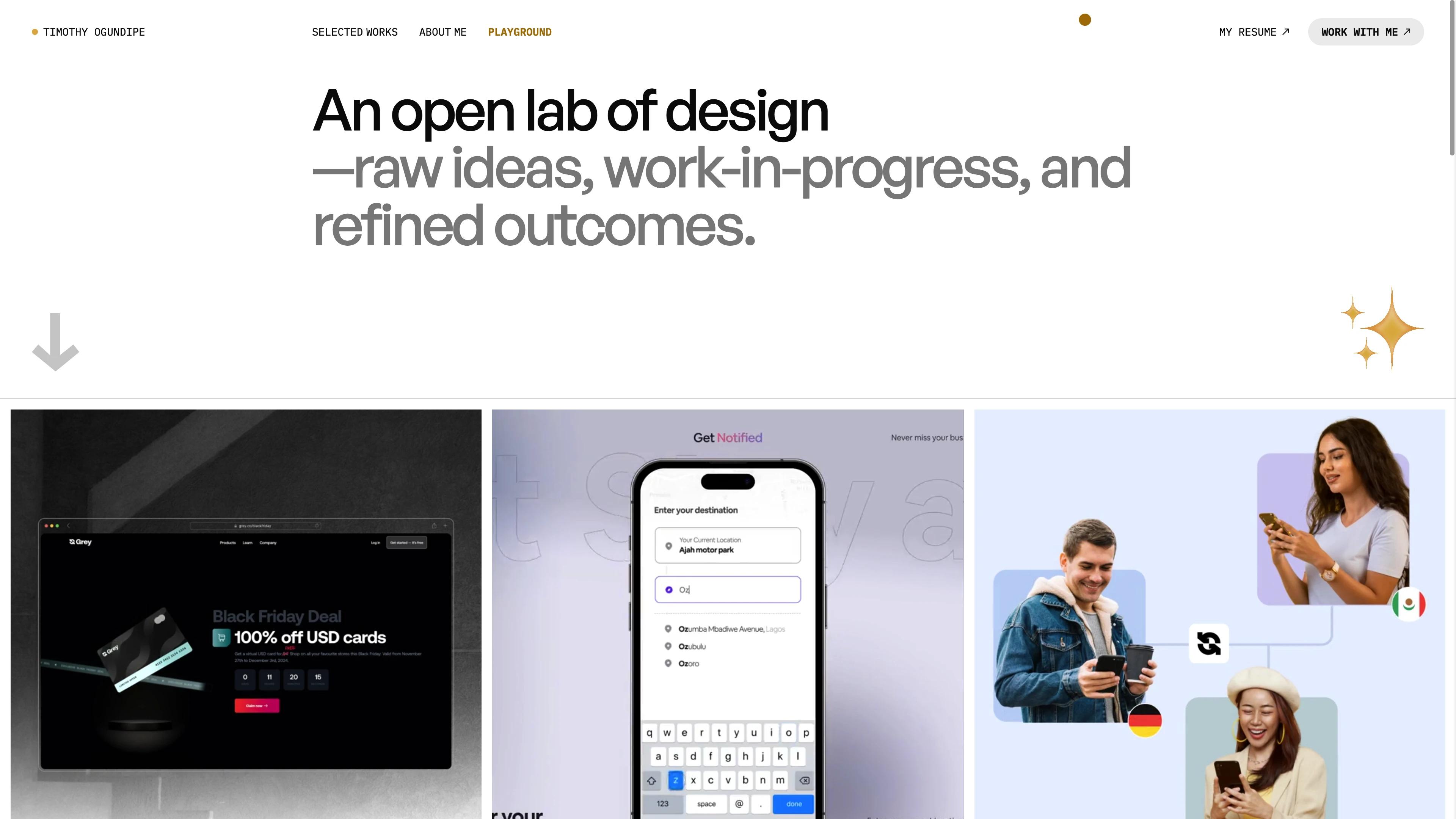 Full page screenshot of the Tim Ogundipe website. Product designer with a passion for crafting engaging user experiences through …