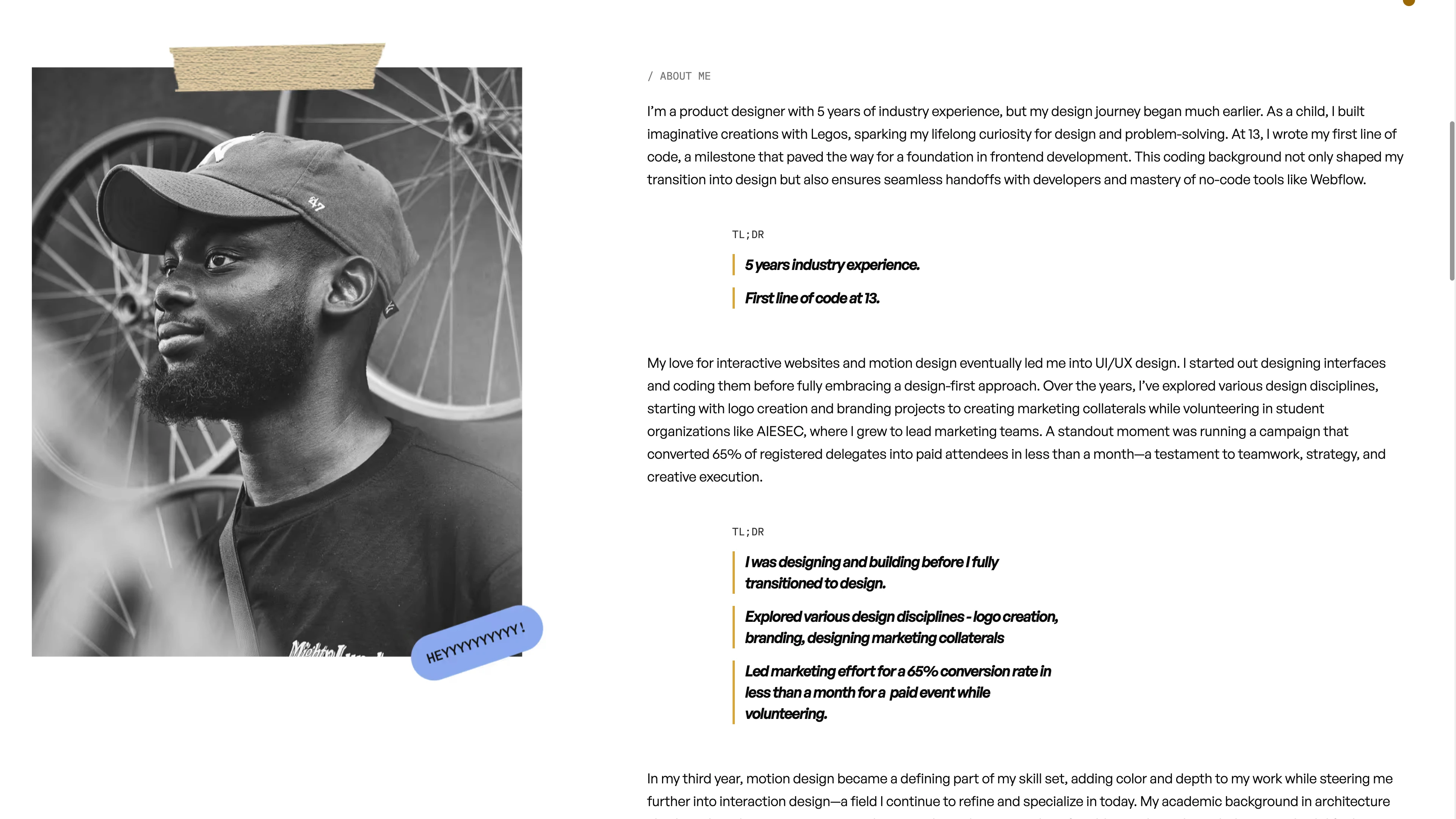 Full page screenshot of the Tim Ogundipe website. Product designer with a passion for crafting engaging user experiences through …
