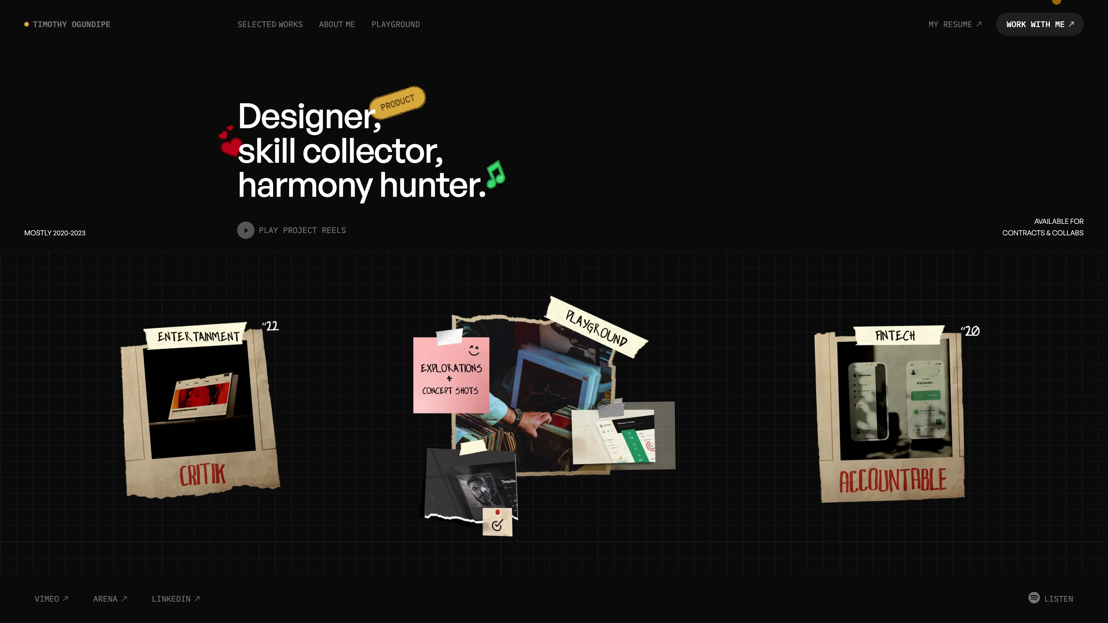 Full page screenshot of the Tim Ogundipe website. Product designer with a passion for crafting engaging user experiences through …