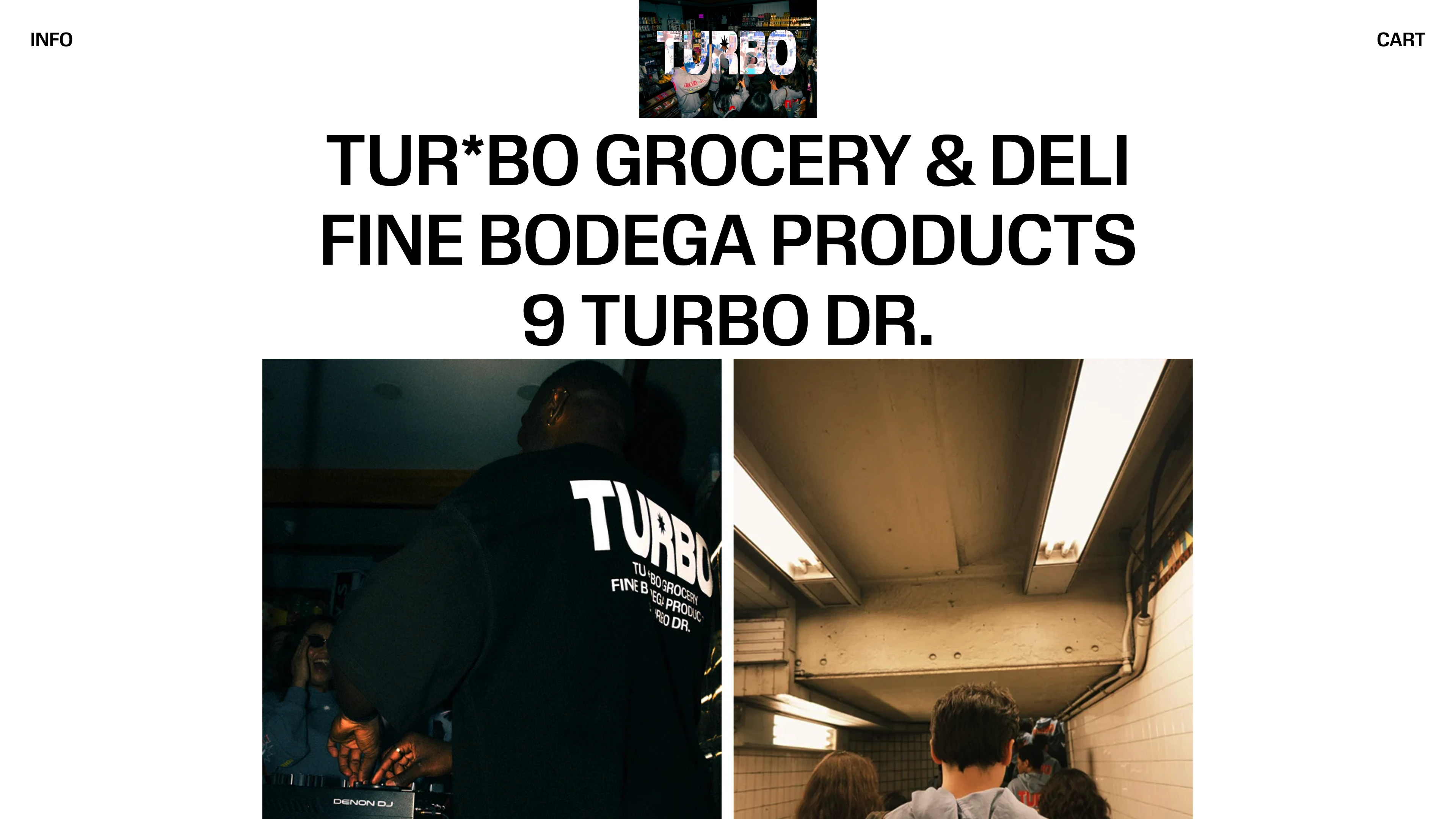 Full page screenshot of the Turbo Grocery & Deli website. Internet's first bodega. Streetwear fashion and accessories. Ethical labor, …
