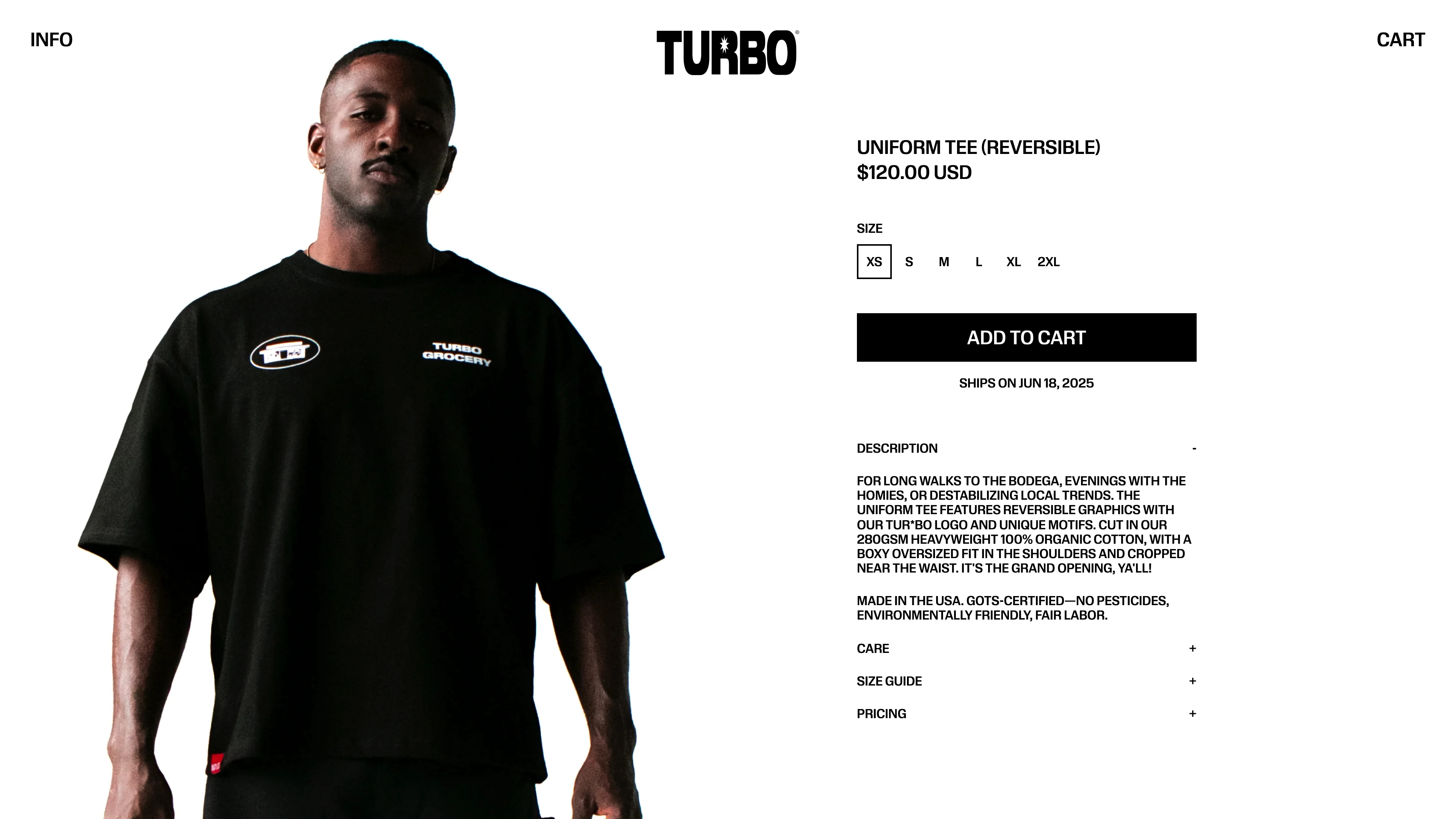 Full page screenshot of the Turbo Grocery & Deli website. Internet's first bodega. Streetwear fashion and accessories. Ethical labor, …