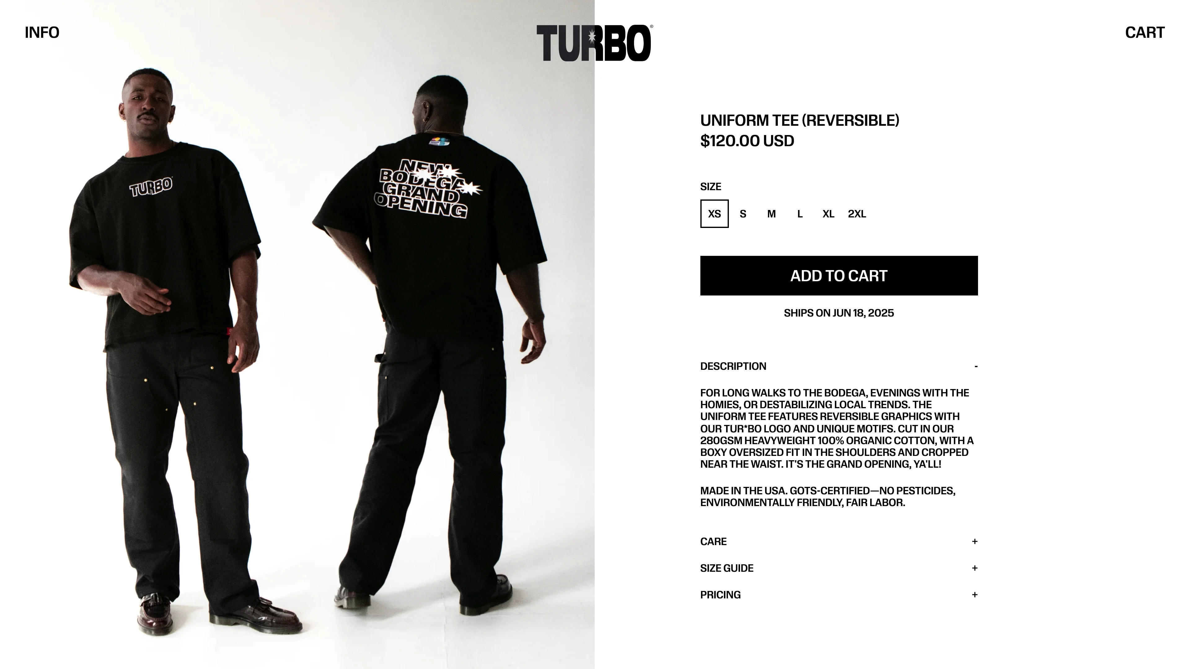 Full page screenshot of the Turbo Grocery & Deli website. Internet's first bodega. Streetwear fashion and accessories. Ethical labor, …