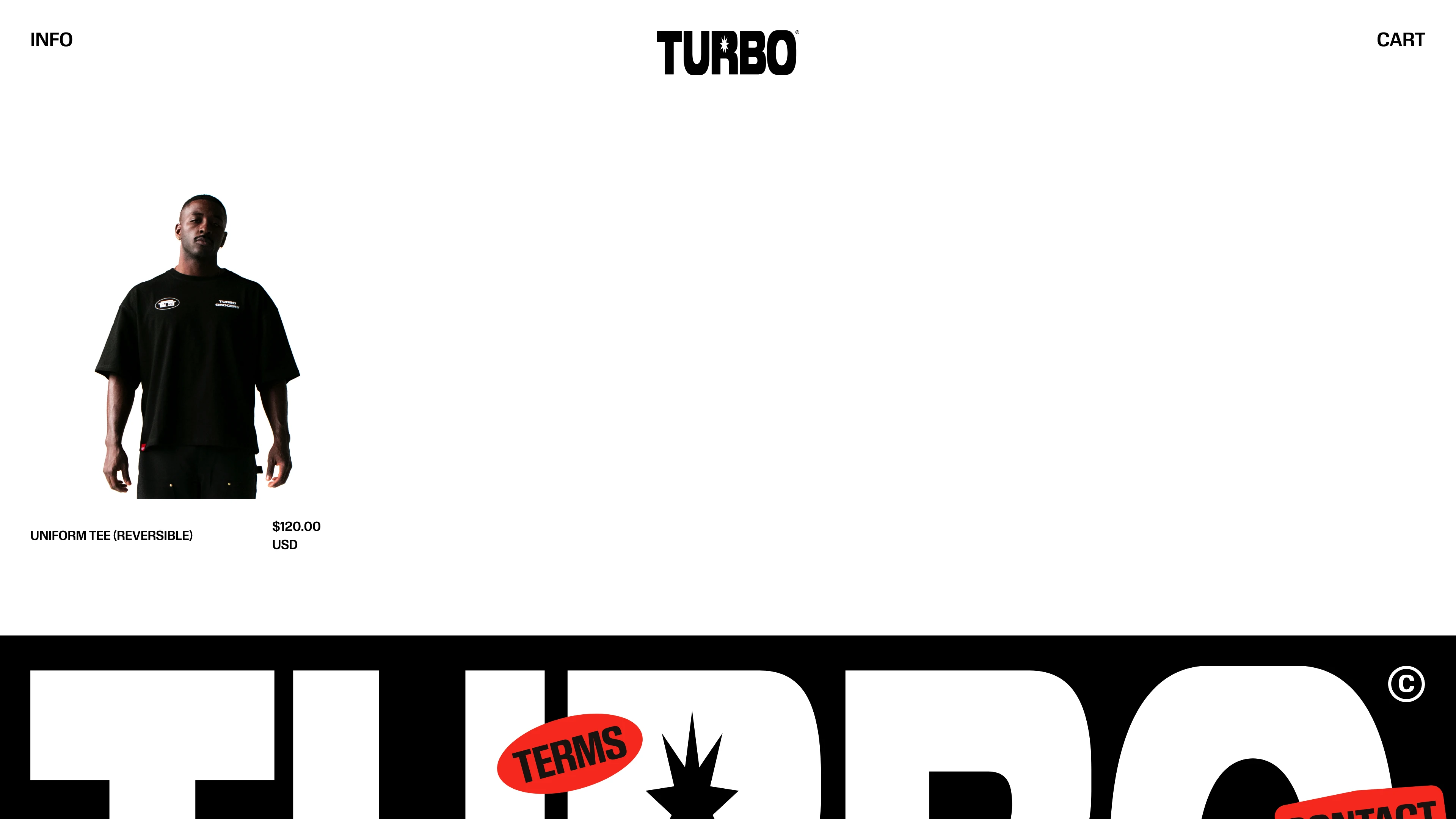 Full page screenshot of the Turbo Grocery & Deli website. Internet's first bodega. Streetwear fashion and accessories. Ethical labor, …
