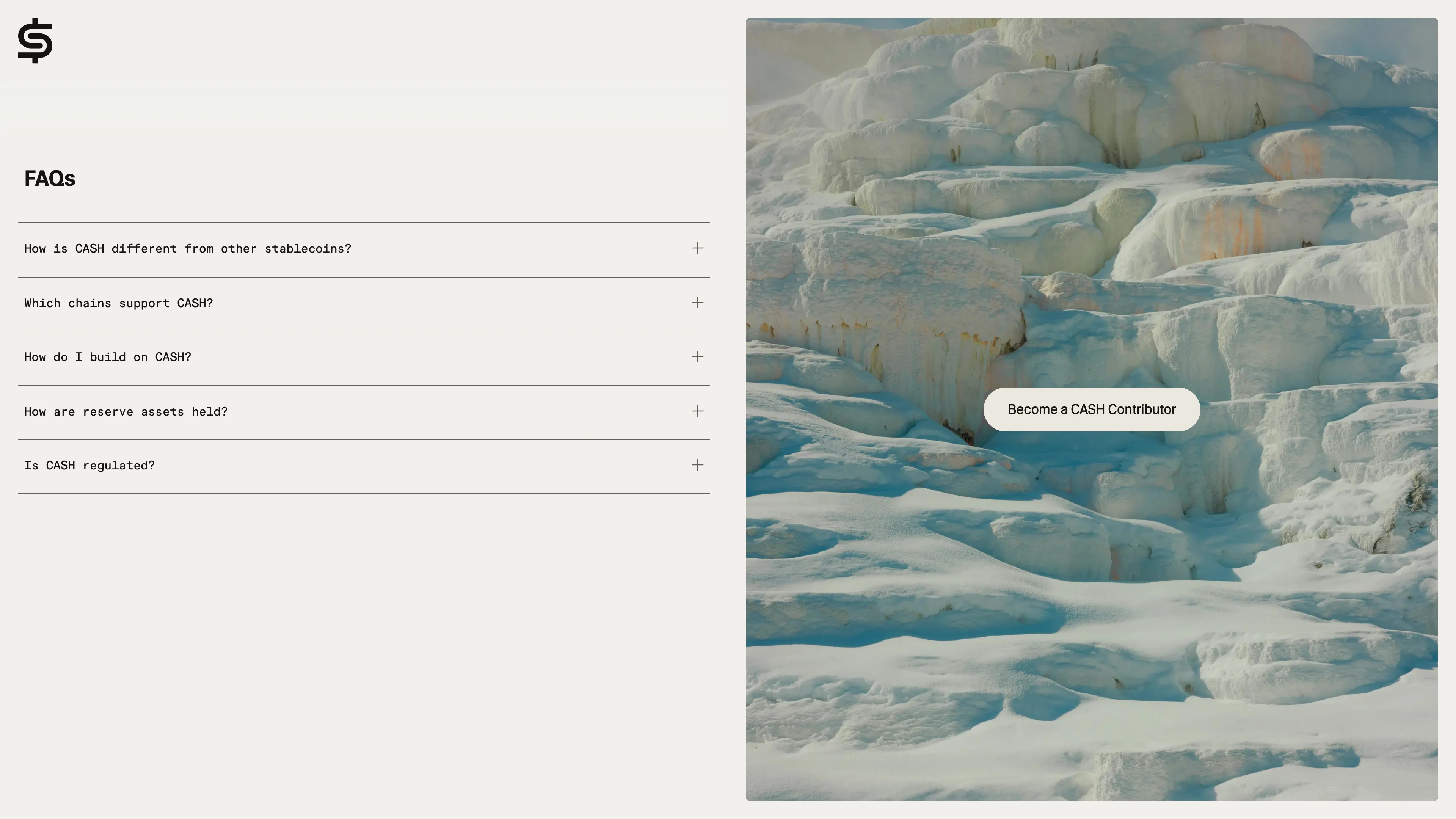 Full page screenshot of the CASH website. A stablecoin built for real-world utility. Capture the full return on your …