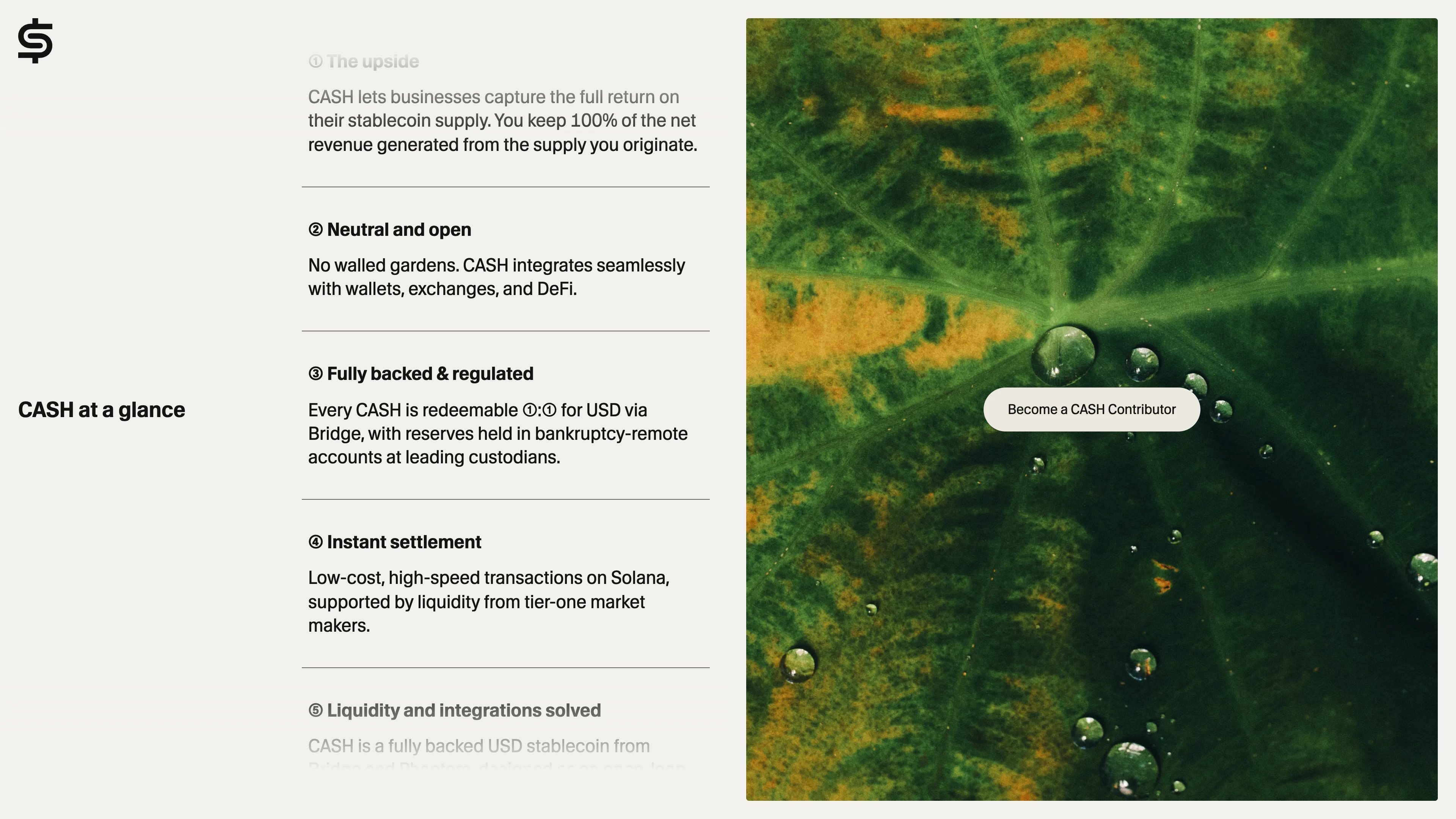 Full page screenshot of the CASH website. A stablecoin built for real-world utility. Capture the full return on your …