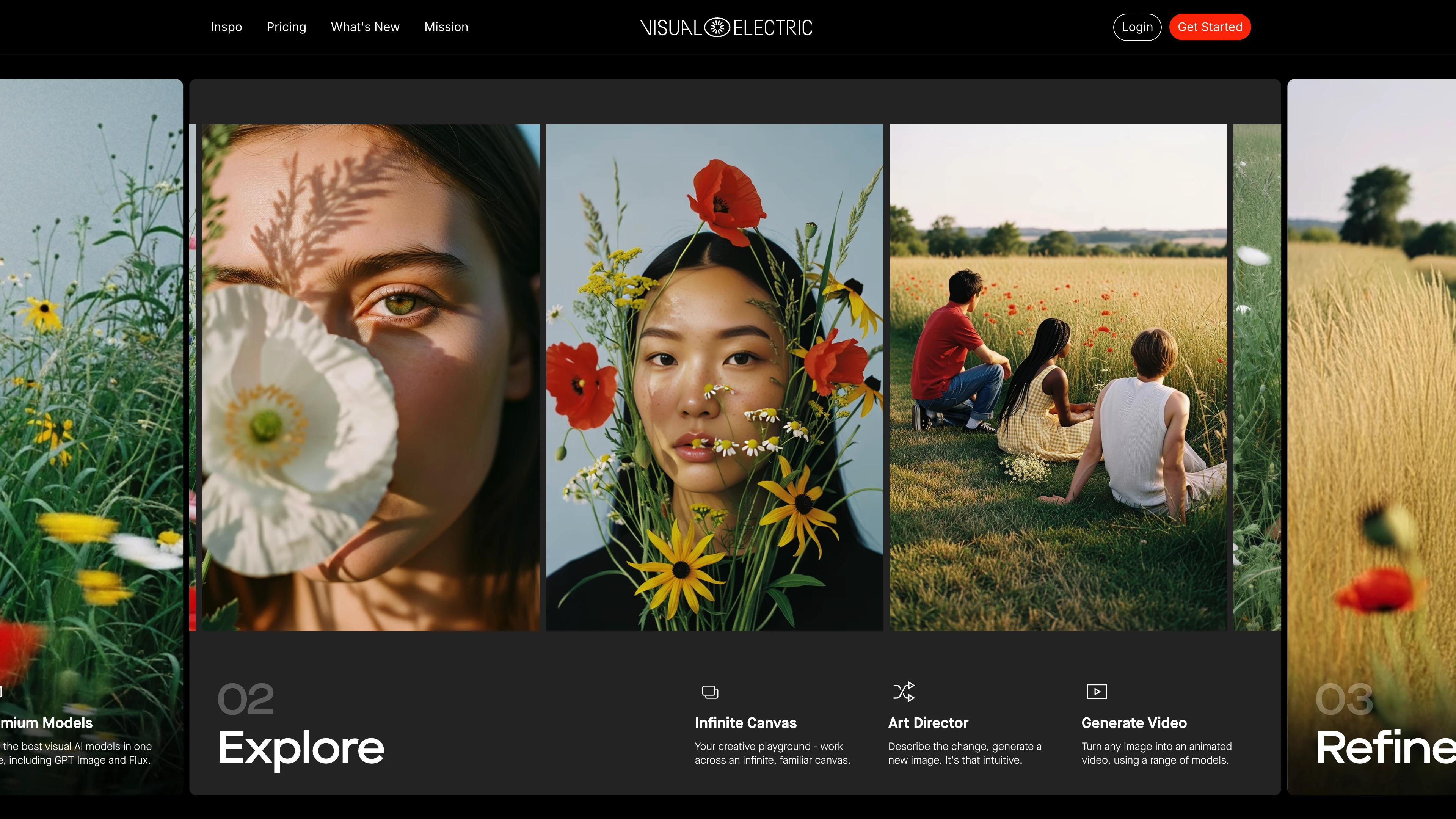Full page screenshot of the Visual Electric website. Generate AI Images & Videos. Bring your vision to life with Visual Electric, the …