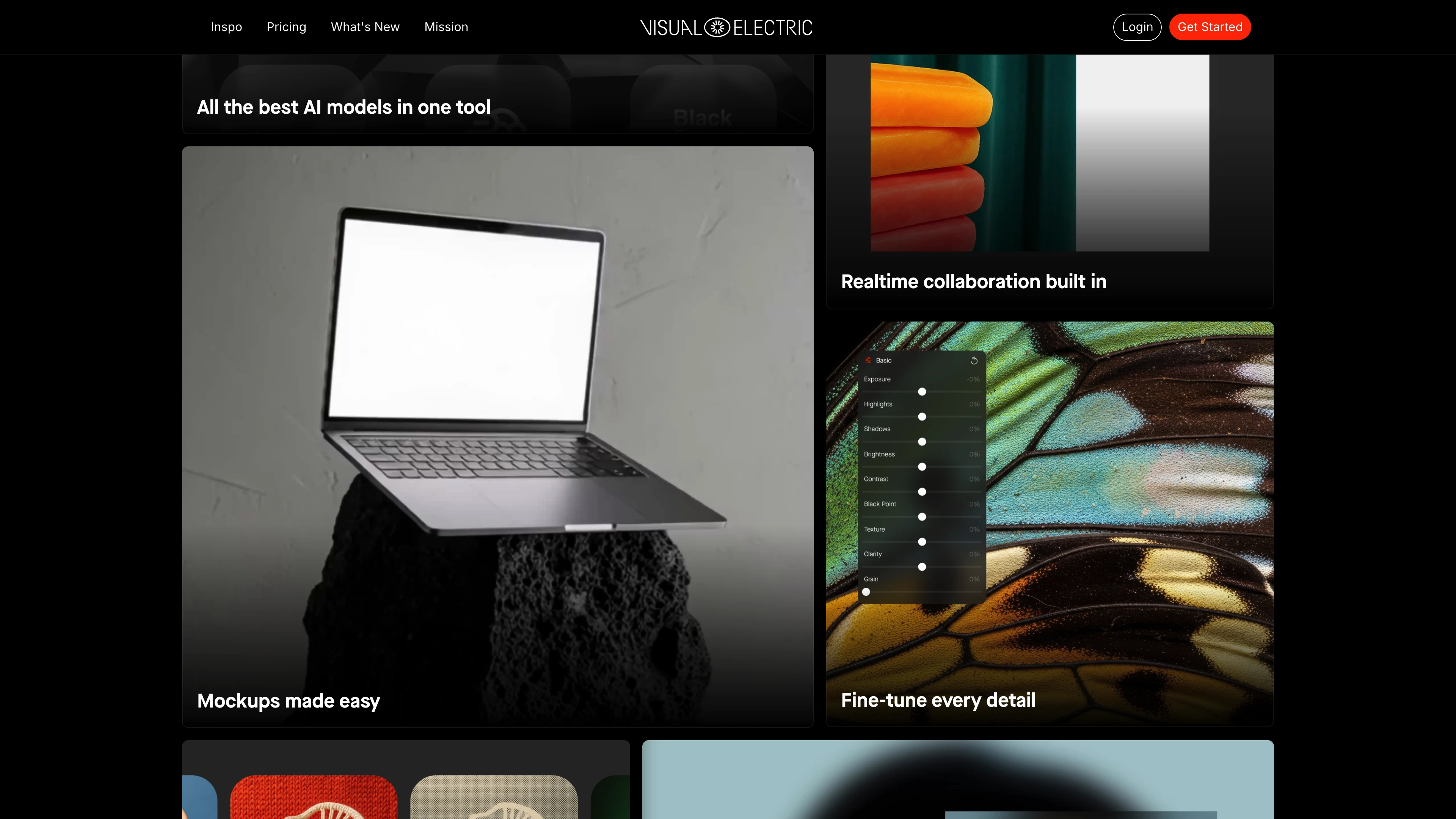 Full page screenshot of the Visual Electric website. Generate AI Images & Videos. Bring your vision to life with Visual Electric, the …