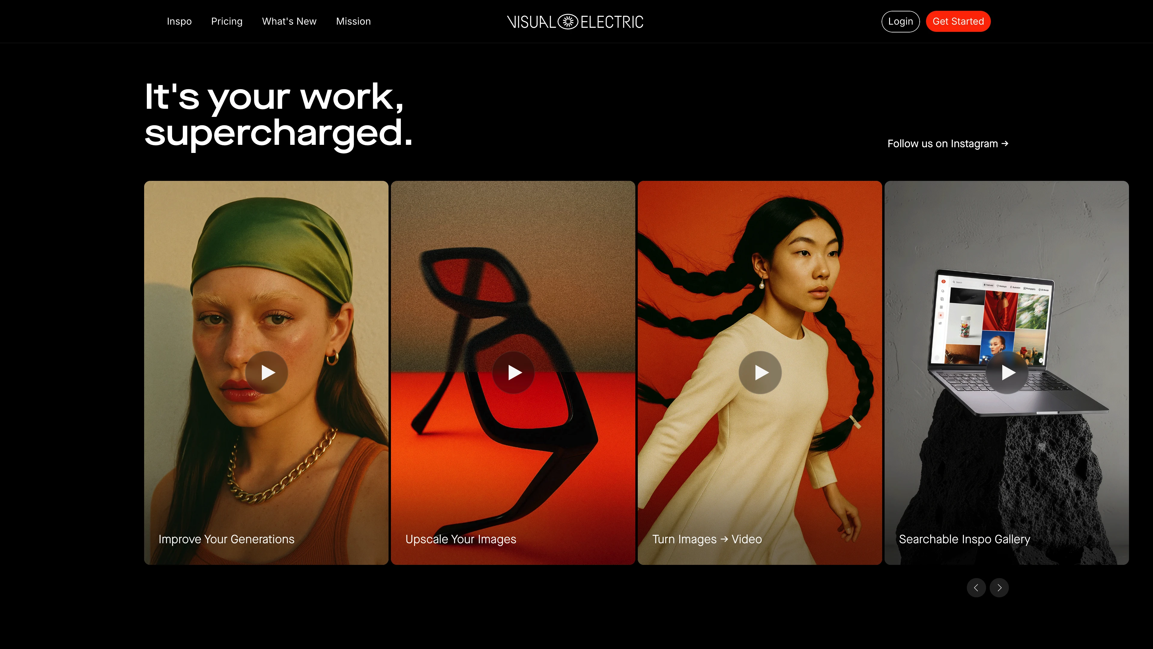 Full page screenshot of the Visual Electric website. Generate AI Images & Videos. Bring your vision to life with Visual Electric, the …