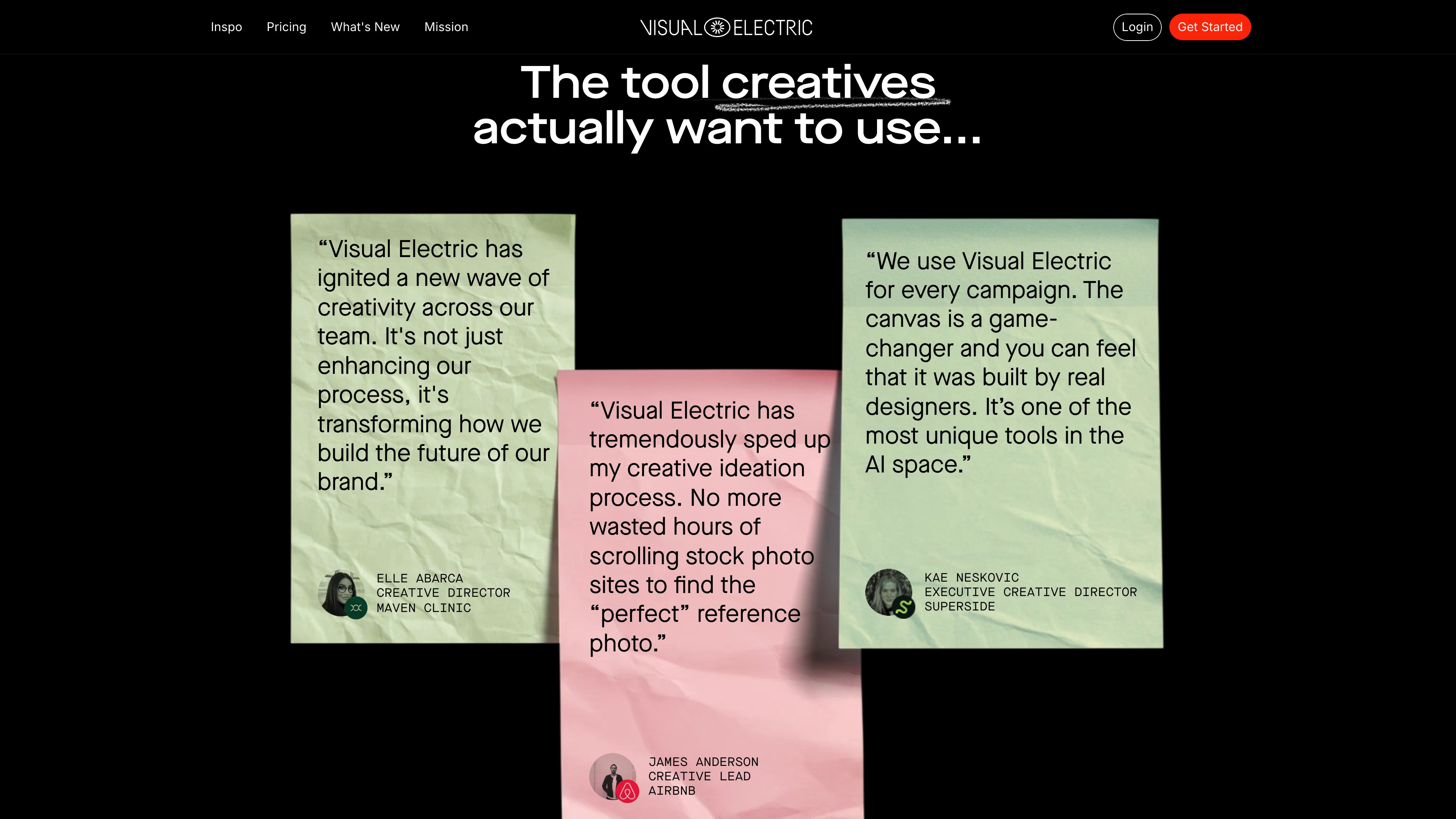 Full page screenshot of the Visual Electric website. Generate AI Images & Videos. Bring your vision to life with Visual Electric, the …