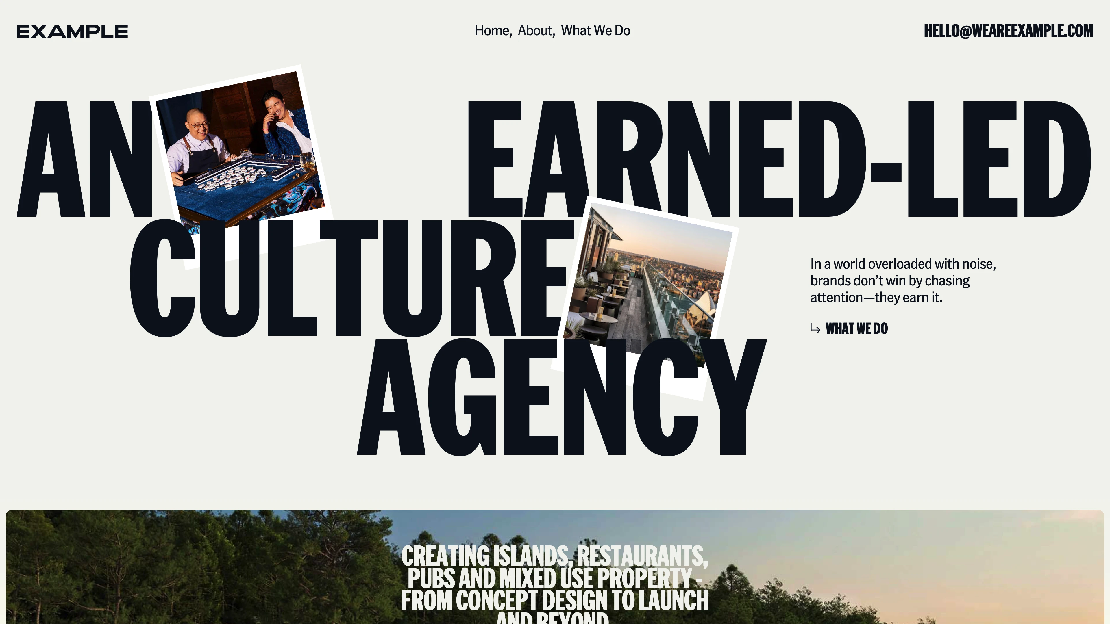 Full page screenshot of the Example website. Example is Australia's leading PR, placemaking, and hospitality marketing …