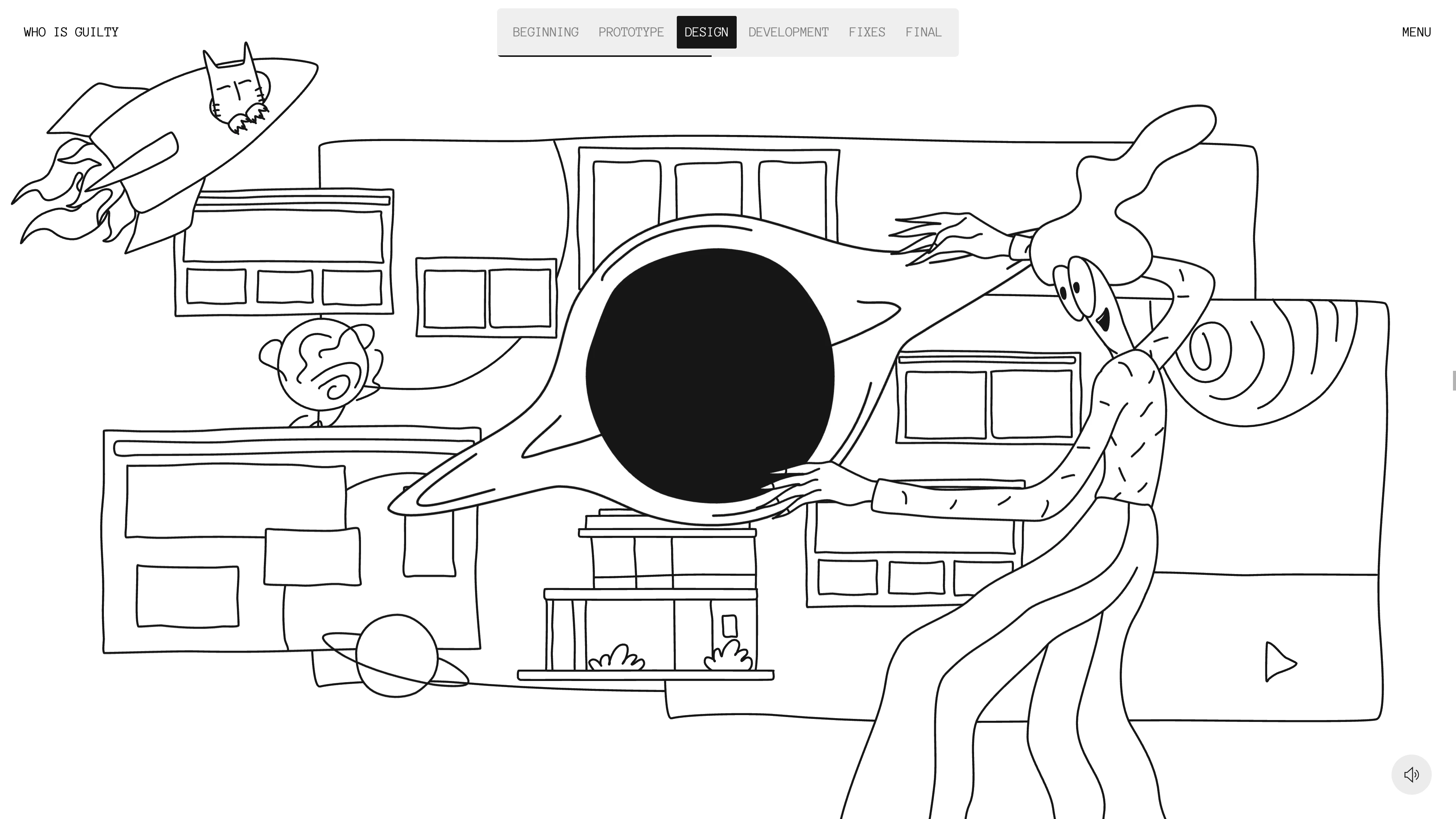 Full page screenshot of the Who is guilty website. This is a story about a designer and a developer making a website. But something …
