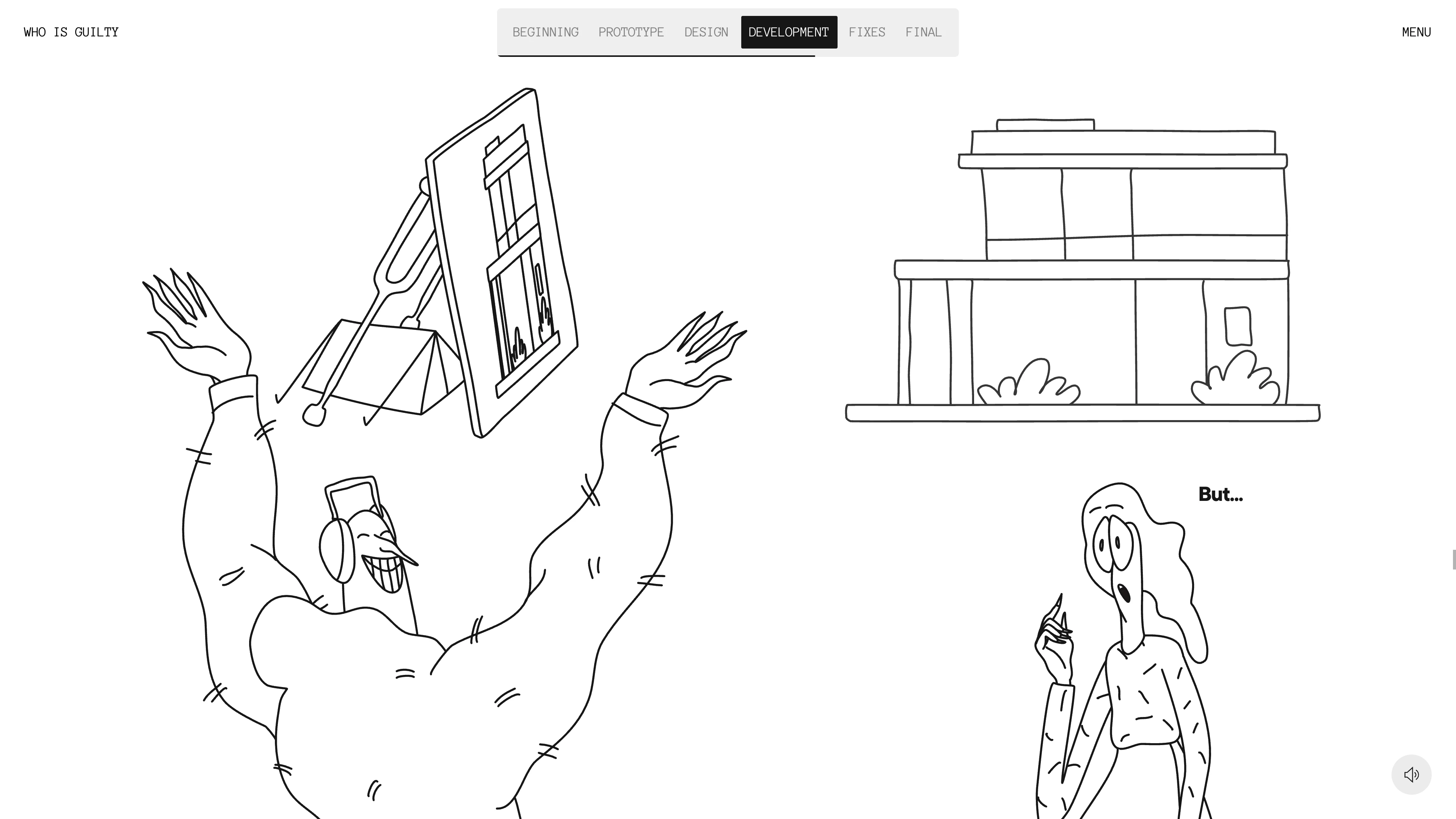 Full page screenshot of the Who is guilty website. This is a story about a designer and a developer making a website. But something …