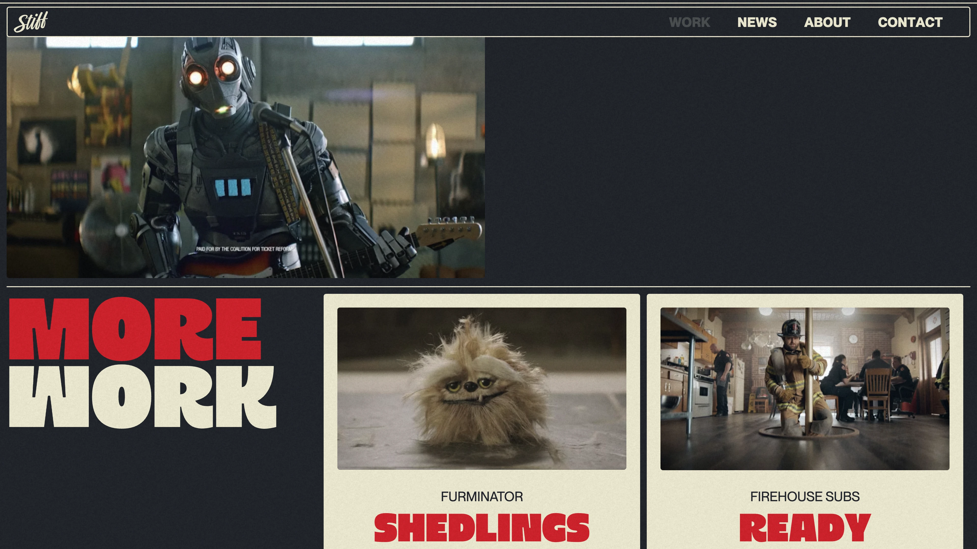 Full page screenshot of the Working Stiff Films website. From branded content to narrative films, Working Stiff Films crafts visually …